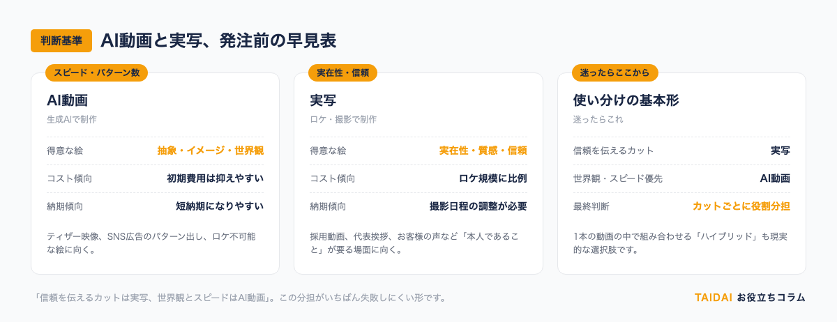 AI動画と実写、発注前の判断基準早見表